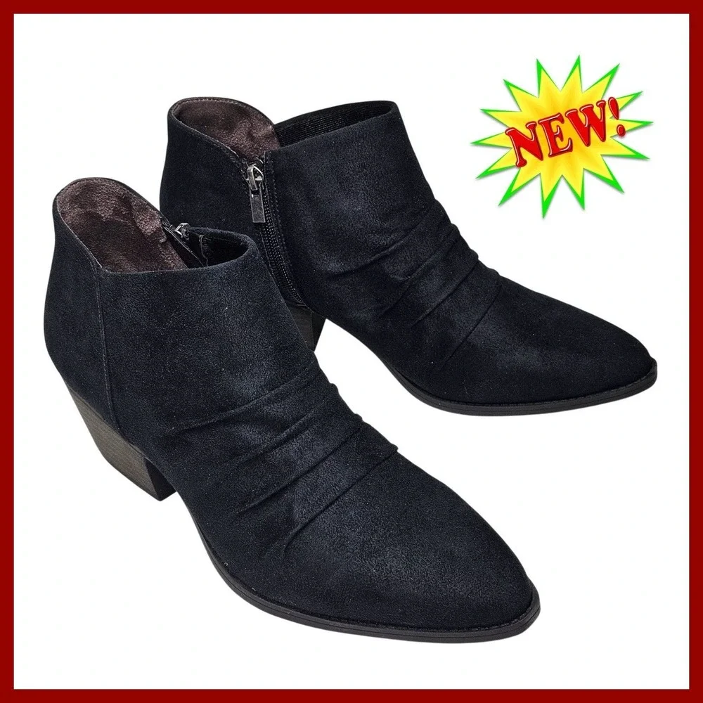 LifeStride Reba Ankle Boots Black Zip Pleated Block Heel Women US 11W‎ EU 42